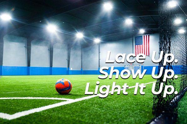 Indoor soccer field at CJ Lasso Sports Arena with professional lighting
